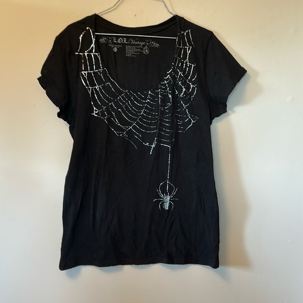L.O.L. Vintage black with silver spider web graphic tee round neck size xxl